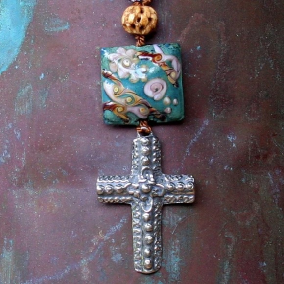 Bayong Wood Bead Necklace - Pewter Cross, Glass Bead, Carved Bone Bead - Picture 13 of 13